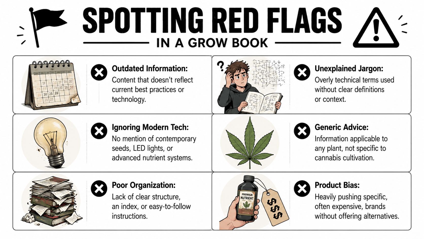 An infographic illustrating six red flags to look for when choosing a cannabis growing book.