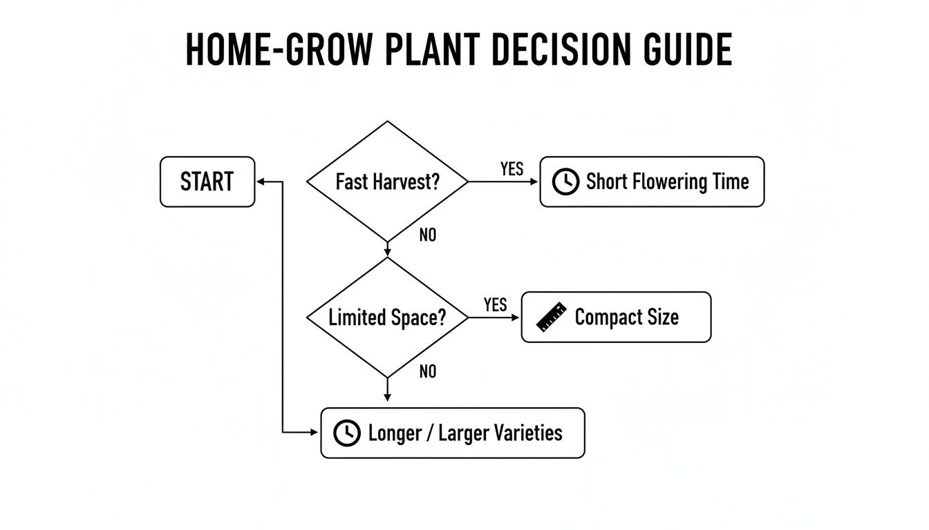 Flowchart decision guide for home-grow plants, considering fast harvest for short flowering time or limited space for compact size.