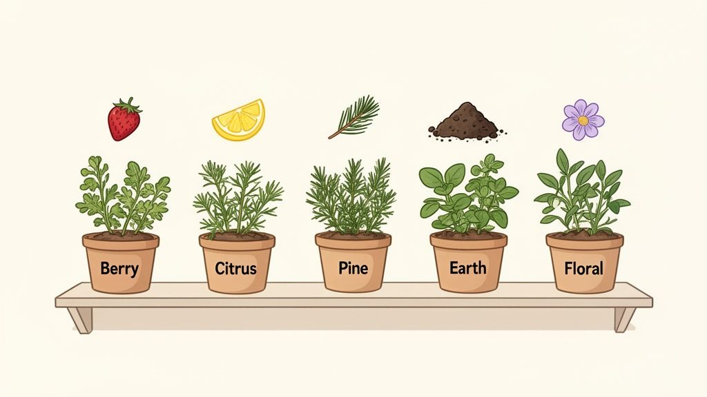 Five potted plants on a shelf, each labeled with a scent category: Berry, Citrus, Pine, Earth, Floral, with corresponding icons.