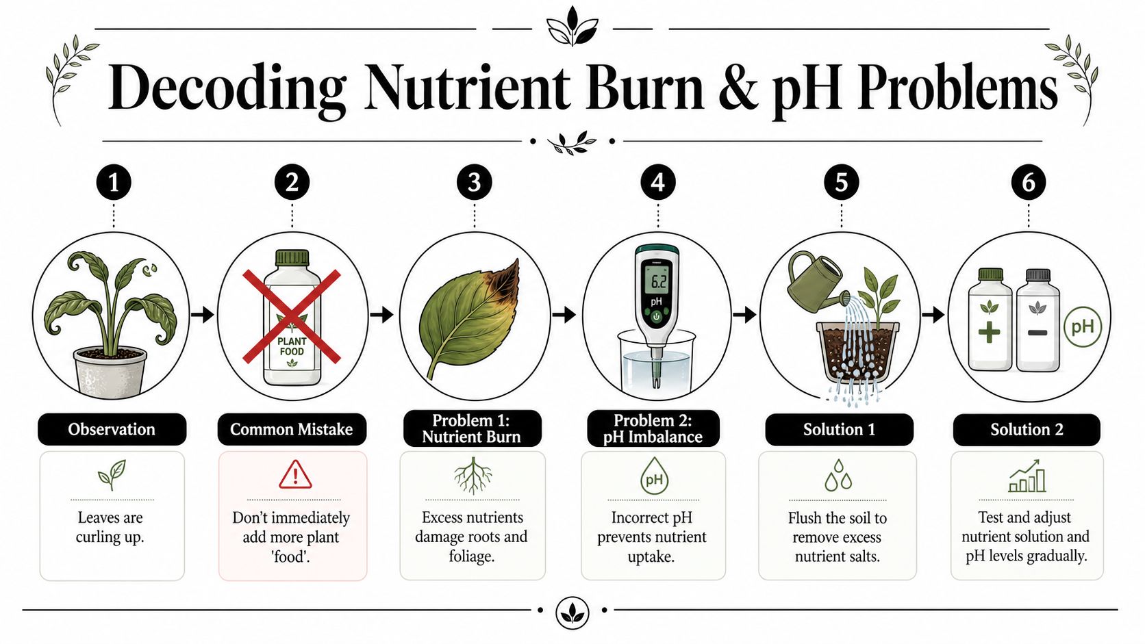 An infographic showing steps to identify and fix nutrient burn and pH imbalances in potted plants.