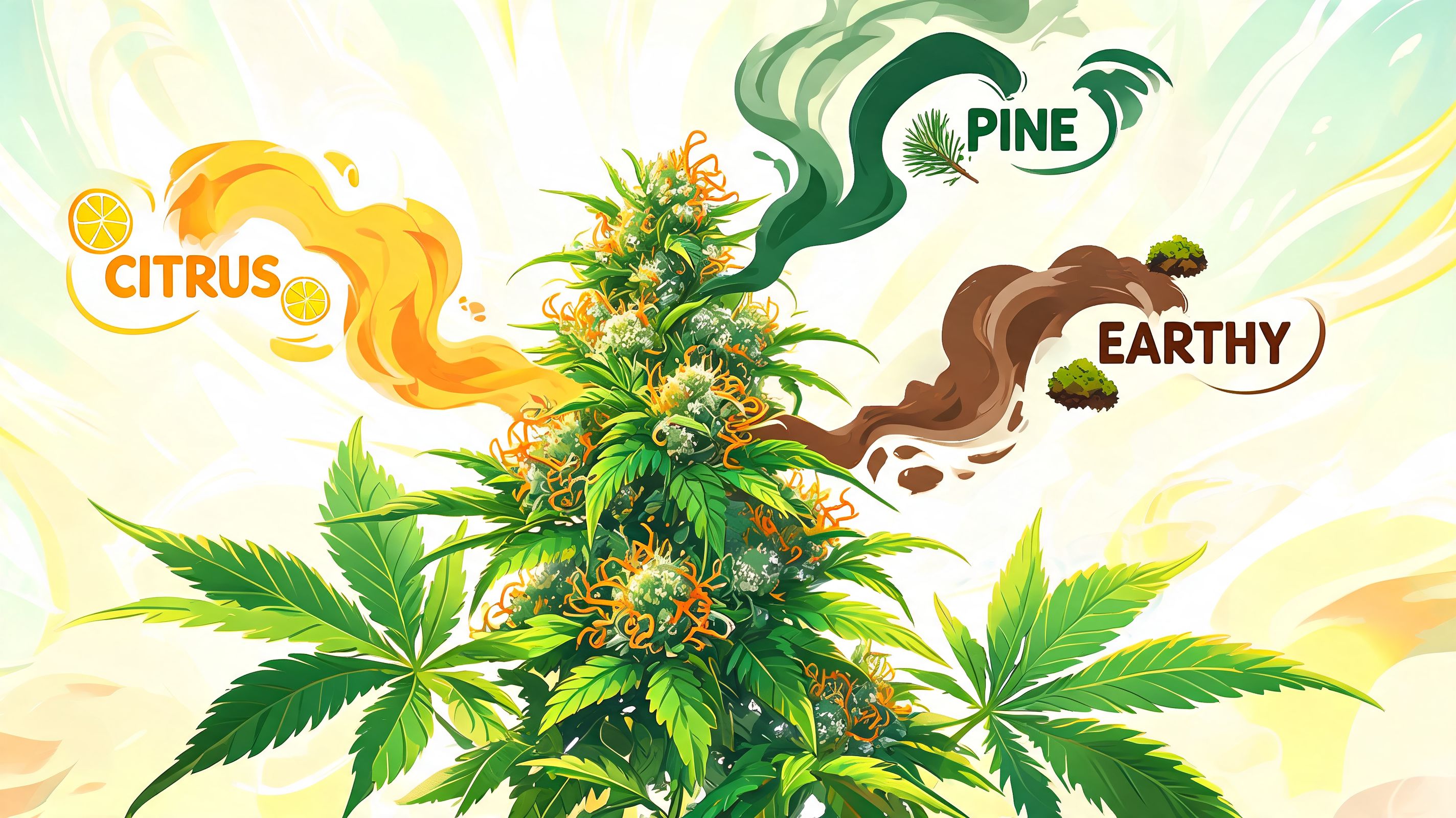 A colorful illustration of a flowering cannabis plant featuring citrus, pine, and earthy aromatic scent profiles.