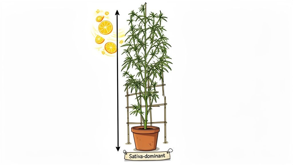 Illustration of a tall, Sativa-dominant cannabis plant in a pot with a trellis, featuring orange slice motifs.