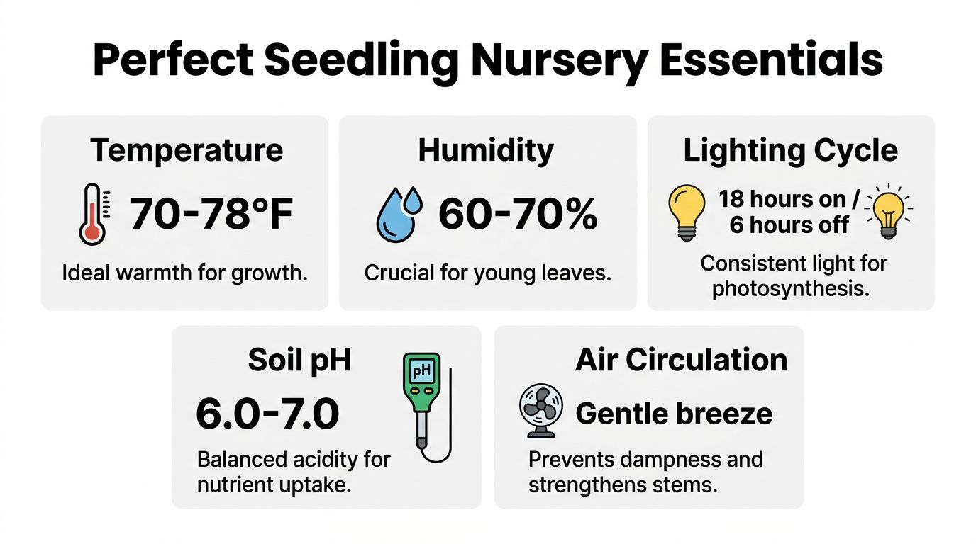 An infographic showing optimal nursery conditions for seedlings including temperature, humidity, lighting, soil pH, and air circulation.