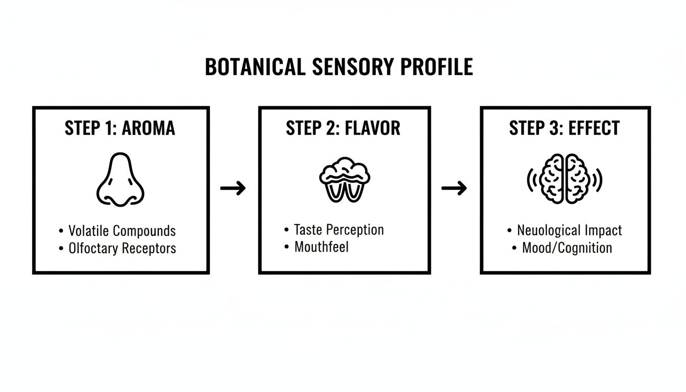 Infographic illustrating the botanical sensory profile process in three steps: aroma, flavor, and effect.