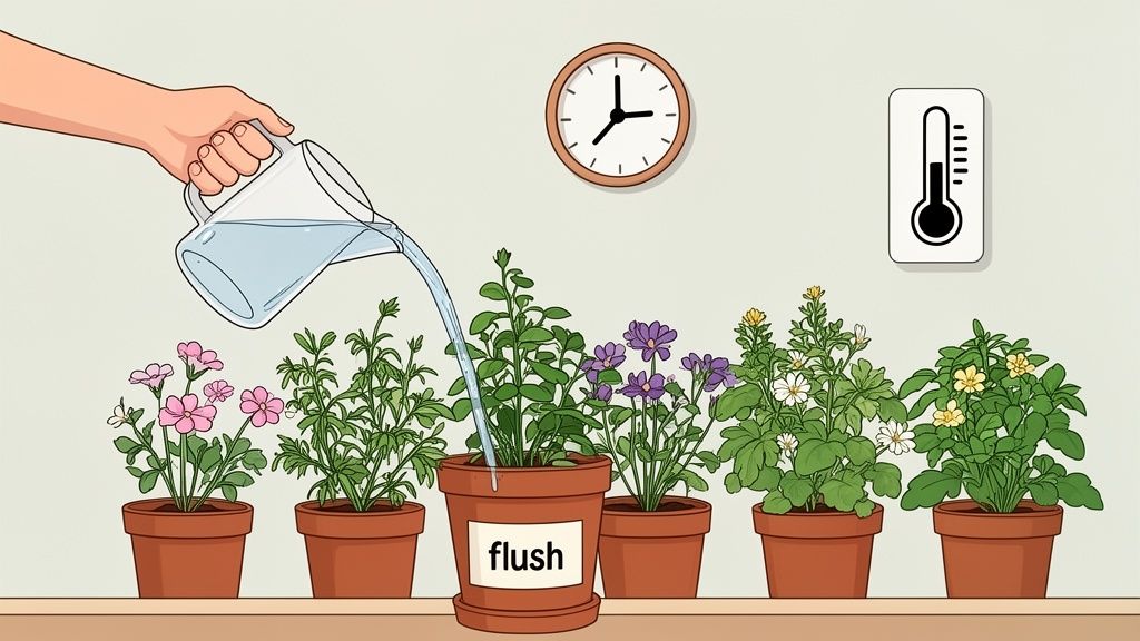 A hand waters a potted plant labeled 'flush', alongside a row of various plants, a clock, and a thermometer.