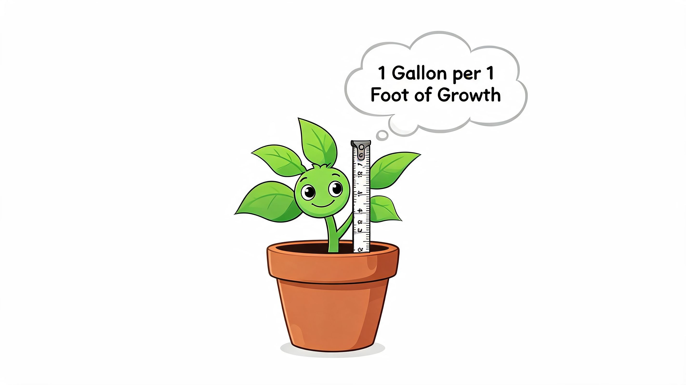 A cute cartoon plant character in a clay pot holding a tape measure with watering instructions.