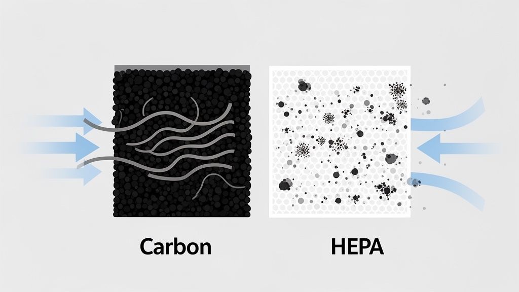 A diagram comparing how carbon filters capture gases and HEPA filters capture particles from air.