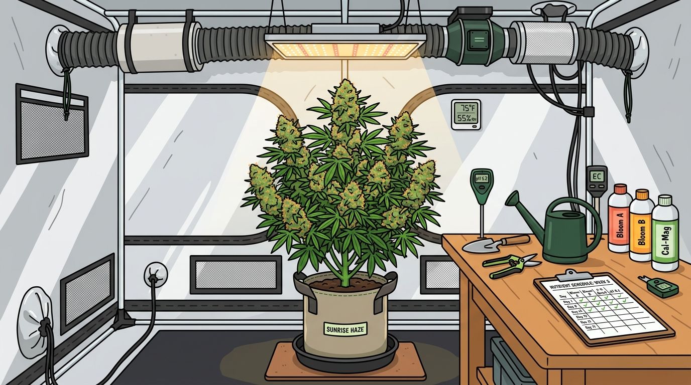A cannabis plant named Sunrise Haze growing inside a controlled indoor garden tent with nutrient supplies.