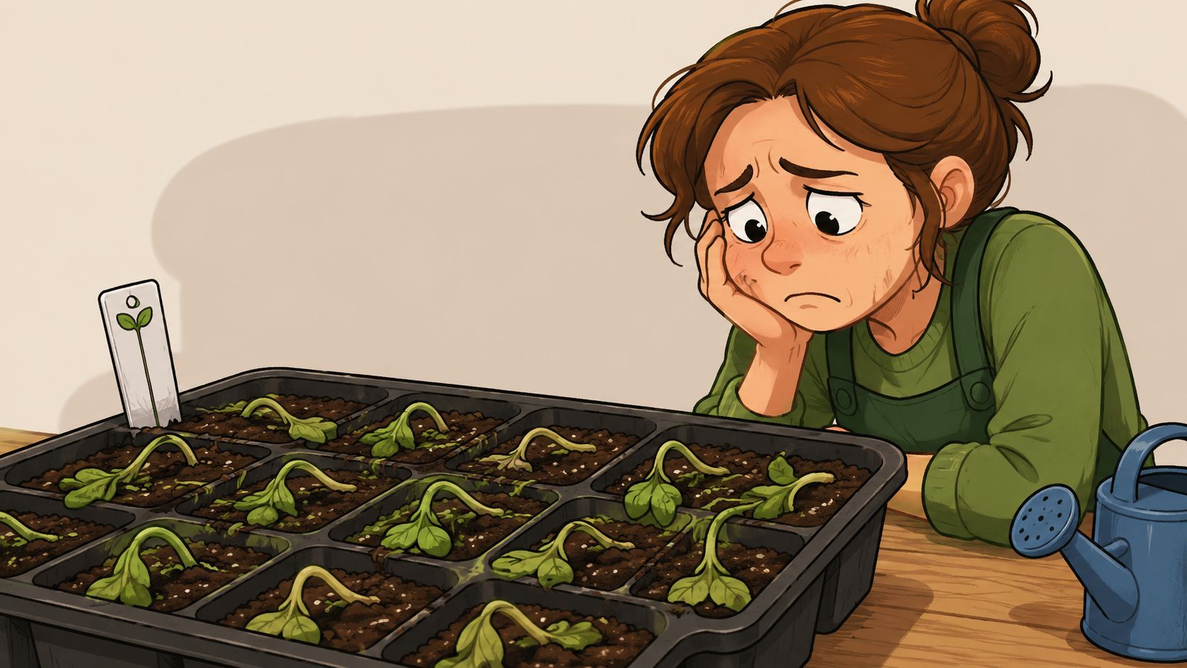 A concerned gardener looks at a seedling tray with withered plants suffering from damping off disease.