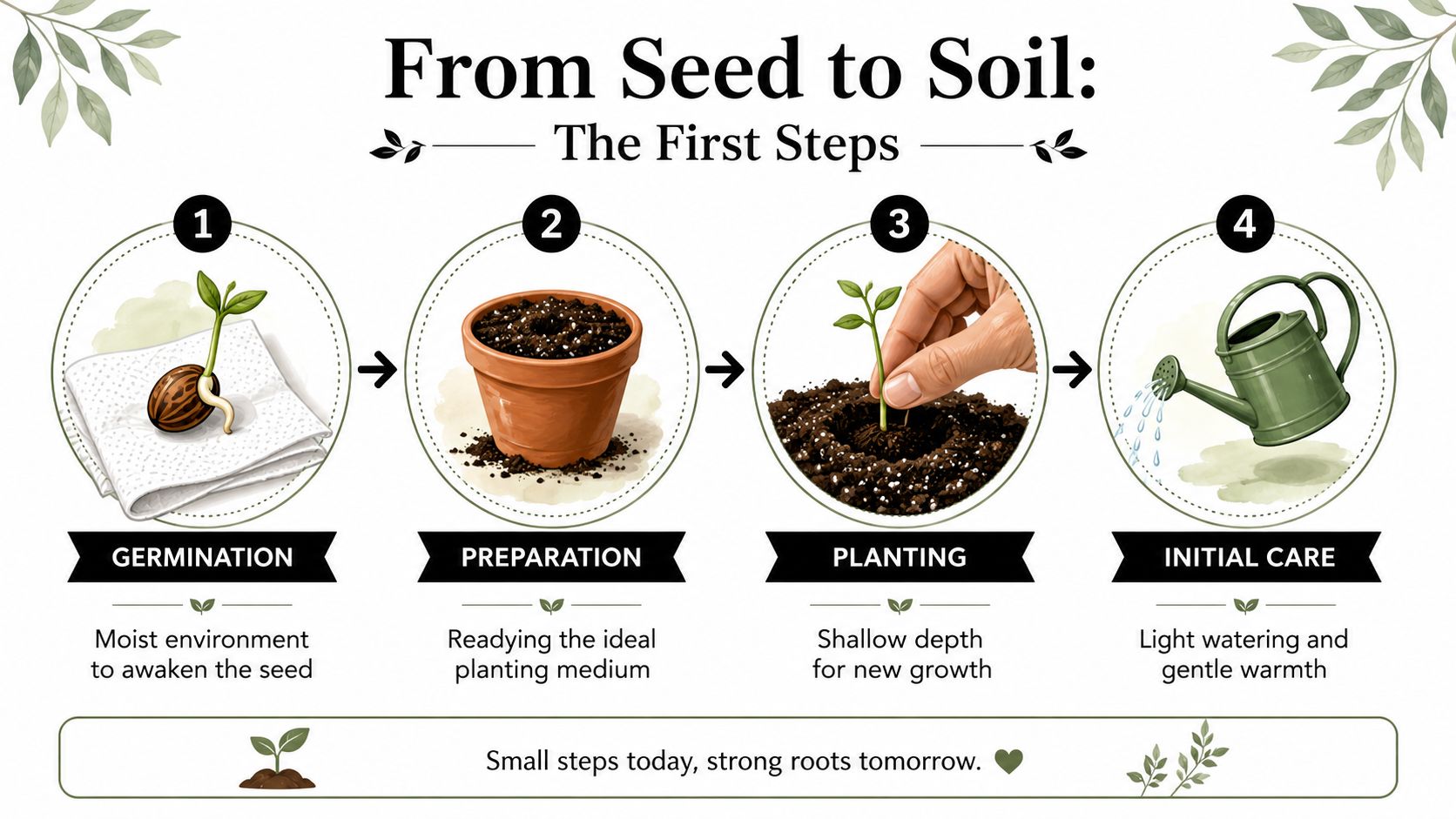 An infographic showing four steps to plant outdoor cannabis seeds, including germination, preparation, planting, and initial care.