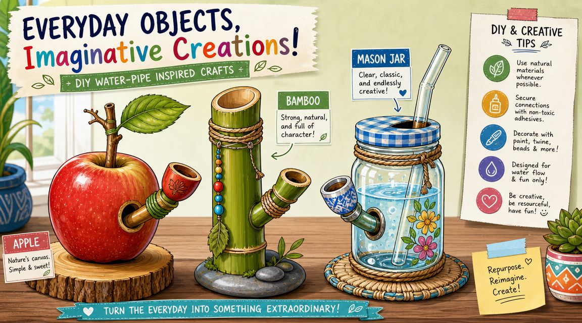 A whimsical illustration showing creative DIY water pipe crafts made from an apple, bamboo, and mason jar.