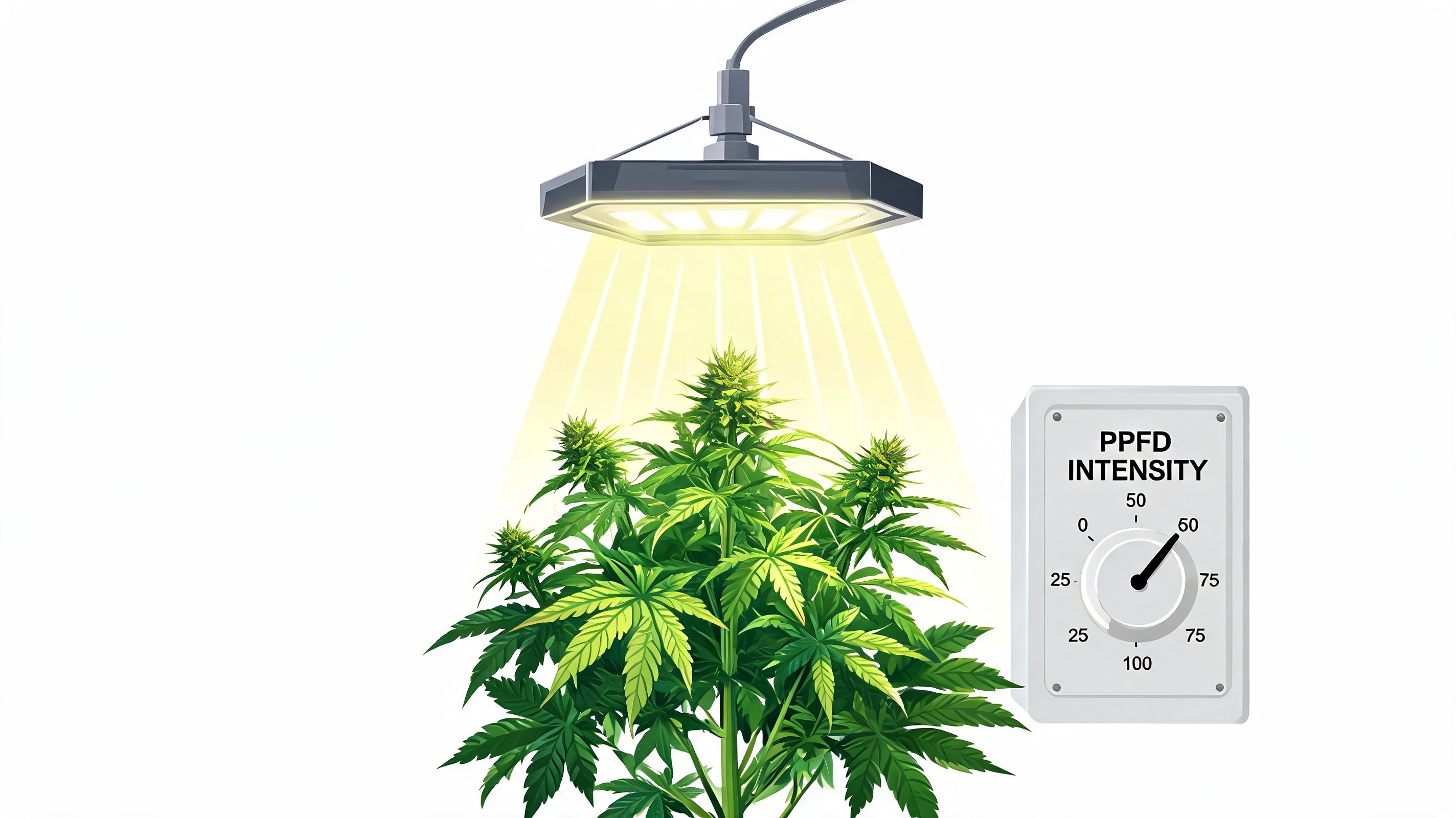 A cannabis plant under an LED grow light with a PPFD intensity dimmer switch on the wall.