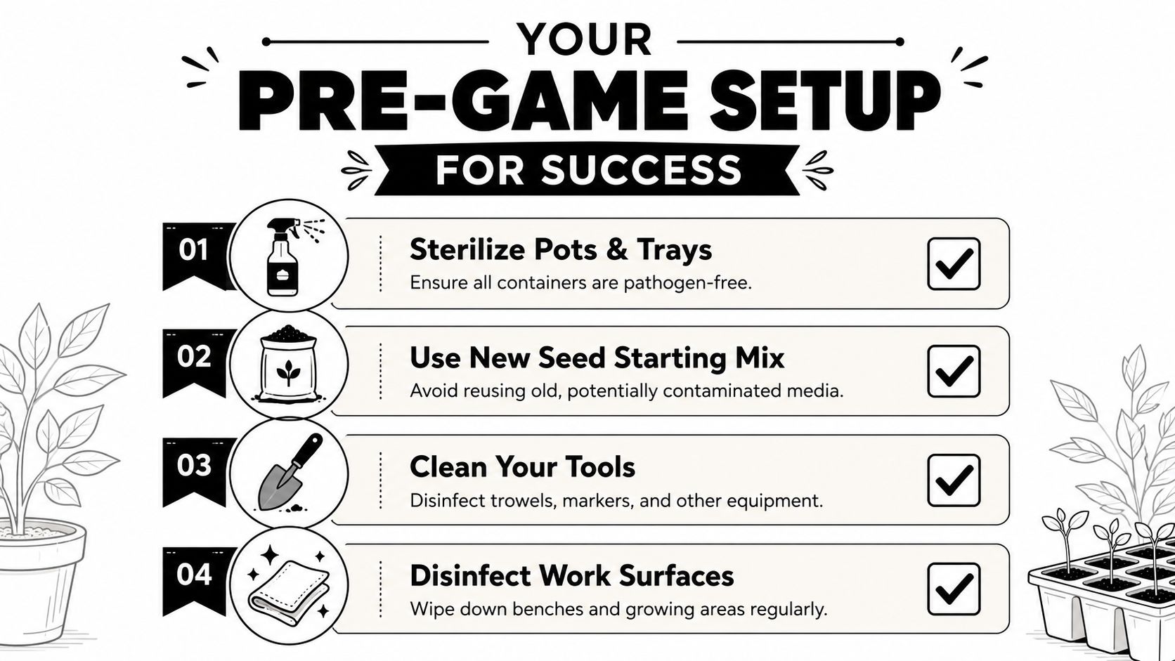 A checklist for gardening success showing four steps to prevent plant diseases like damping off during seed starting.