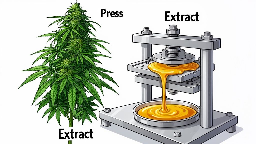 A cannabis plant depicted alongside a mechanical press used to extract resin and oil for vaping products.