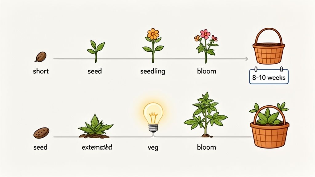 Two diagrams illustrate the growth cycles of autoflowering (top) and feminized (bottom) plants from seed to harvest.