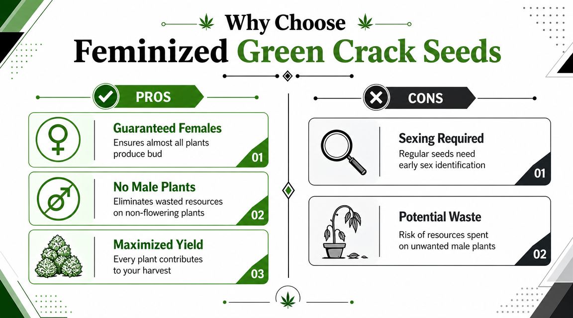 An infographic comparing the pros and cons of choosing feminized Green Crack cannabis seeds for growers.