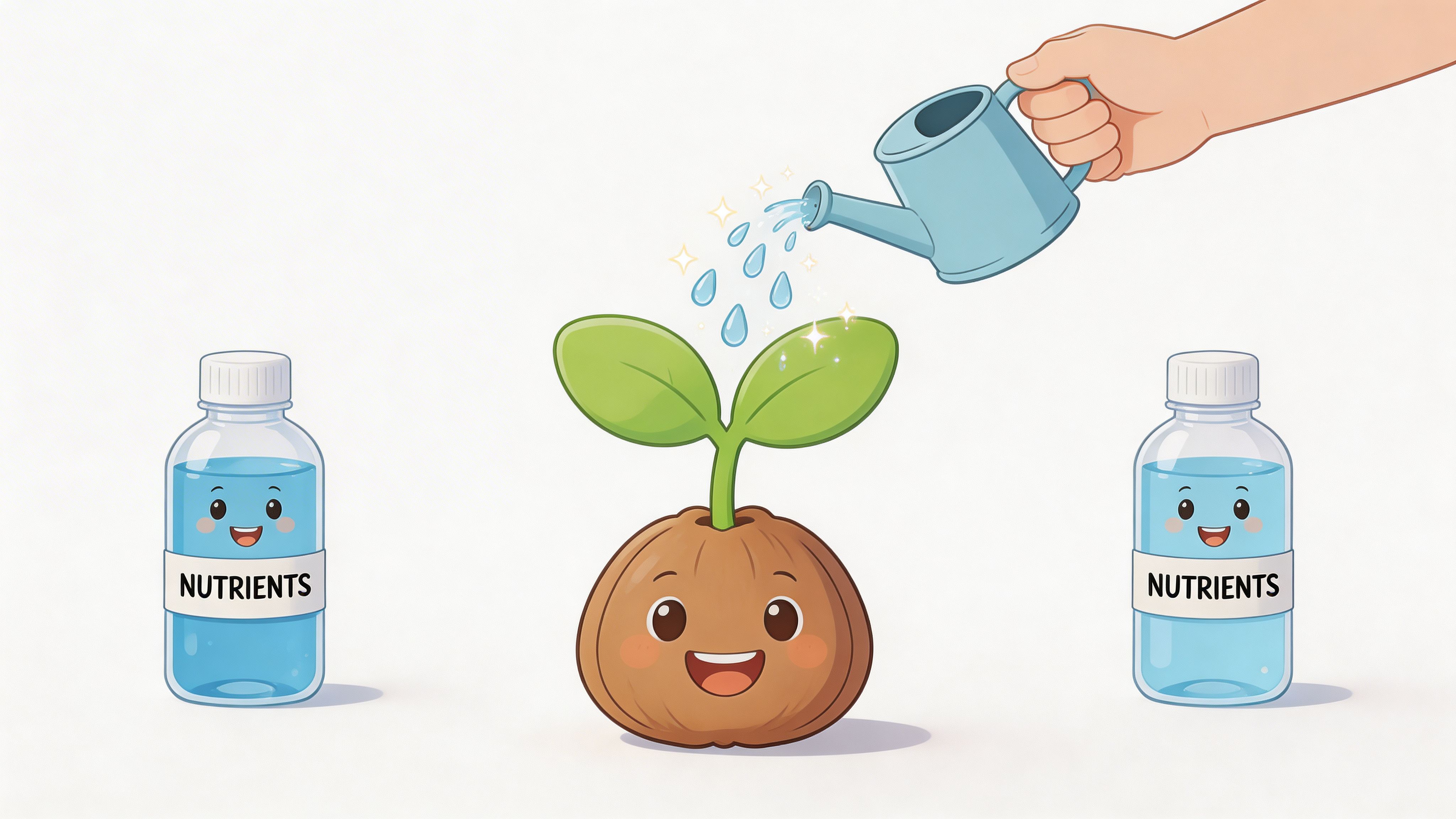 A happy seedling in a pot being watered with bottles of plant nutrients nearby on white background.