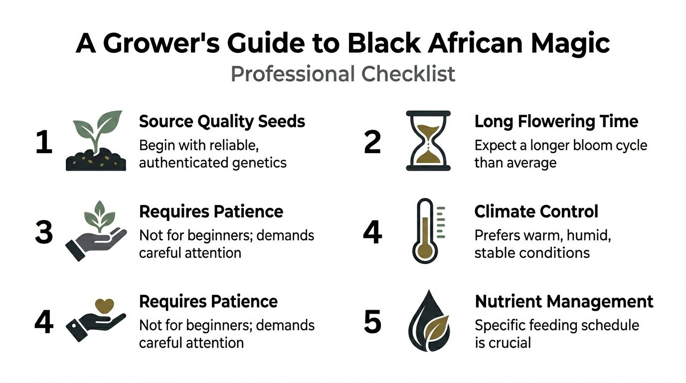 A professional infographic titled A Grower's Guide to Black African Magic featuring five essential cultivation tips.