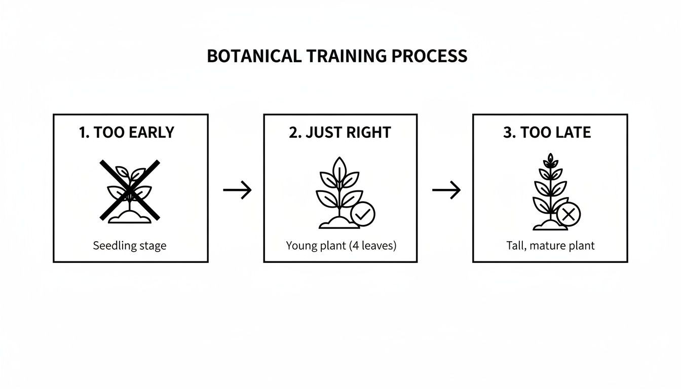Diagram showing botanical training process timing: too early (seedling), just right (young plant), and too late (mature).