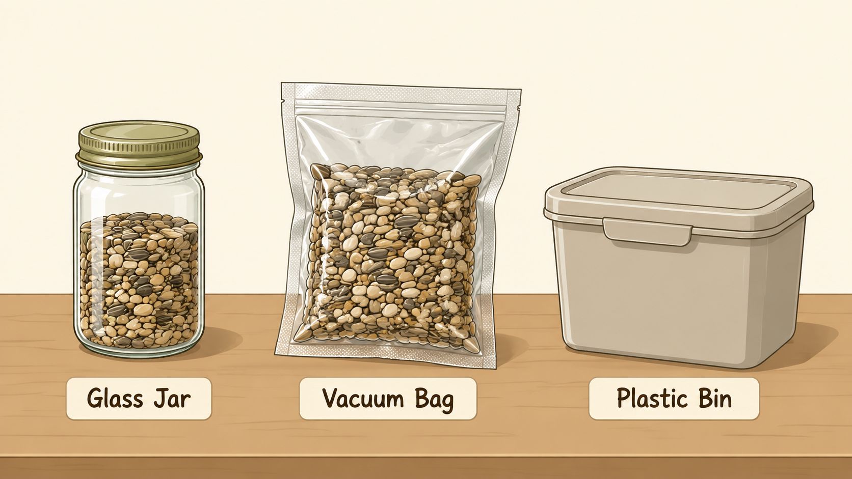 Three different seed storage containers including a glass jar, a vacuum bag, and a plastic bin.