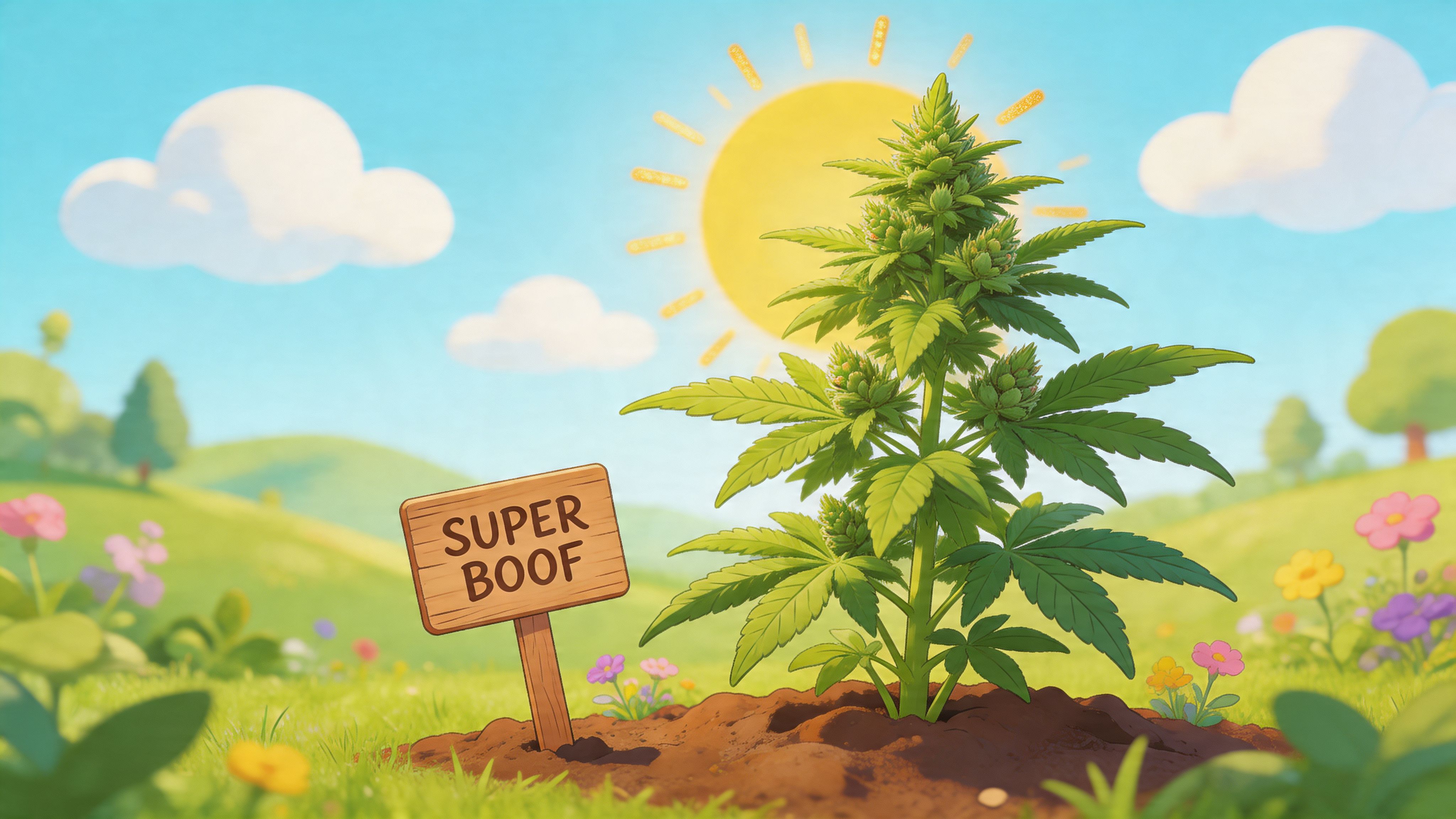 A cartoon cannabis plant labeled Super Boof growing in a sunny, vibrant, flower-filled outdoor garden setting.