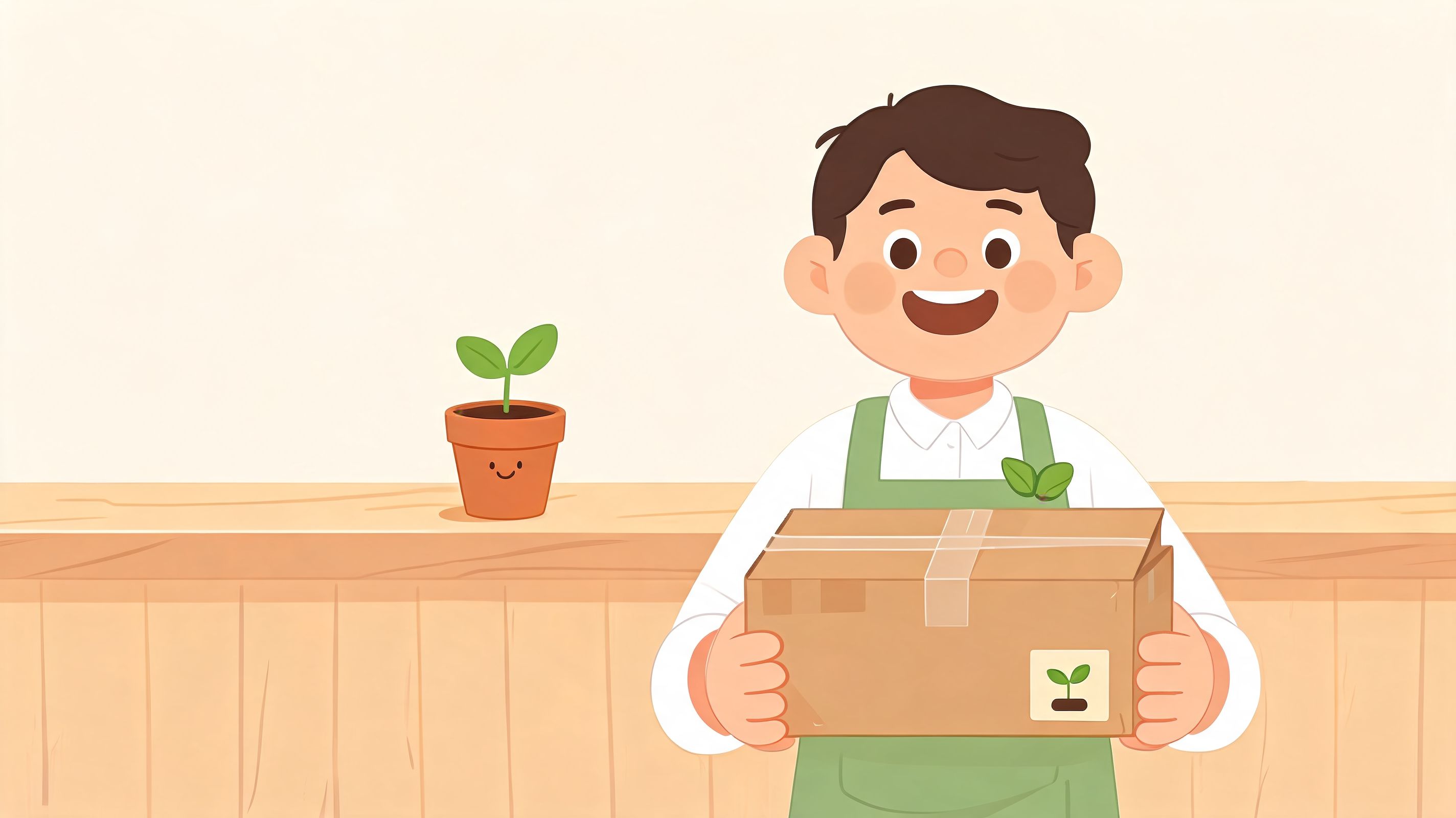 A happy young florist holding a cardboard delivery box with a small plant sticker in a shop.