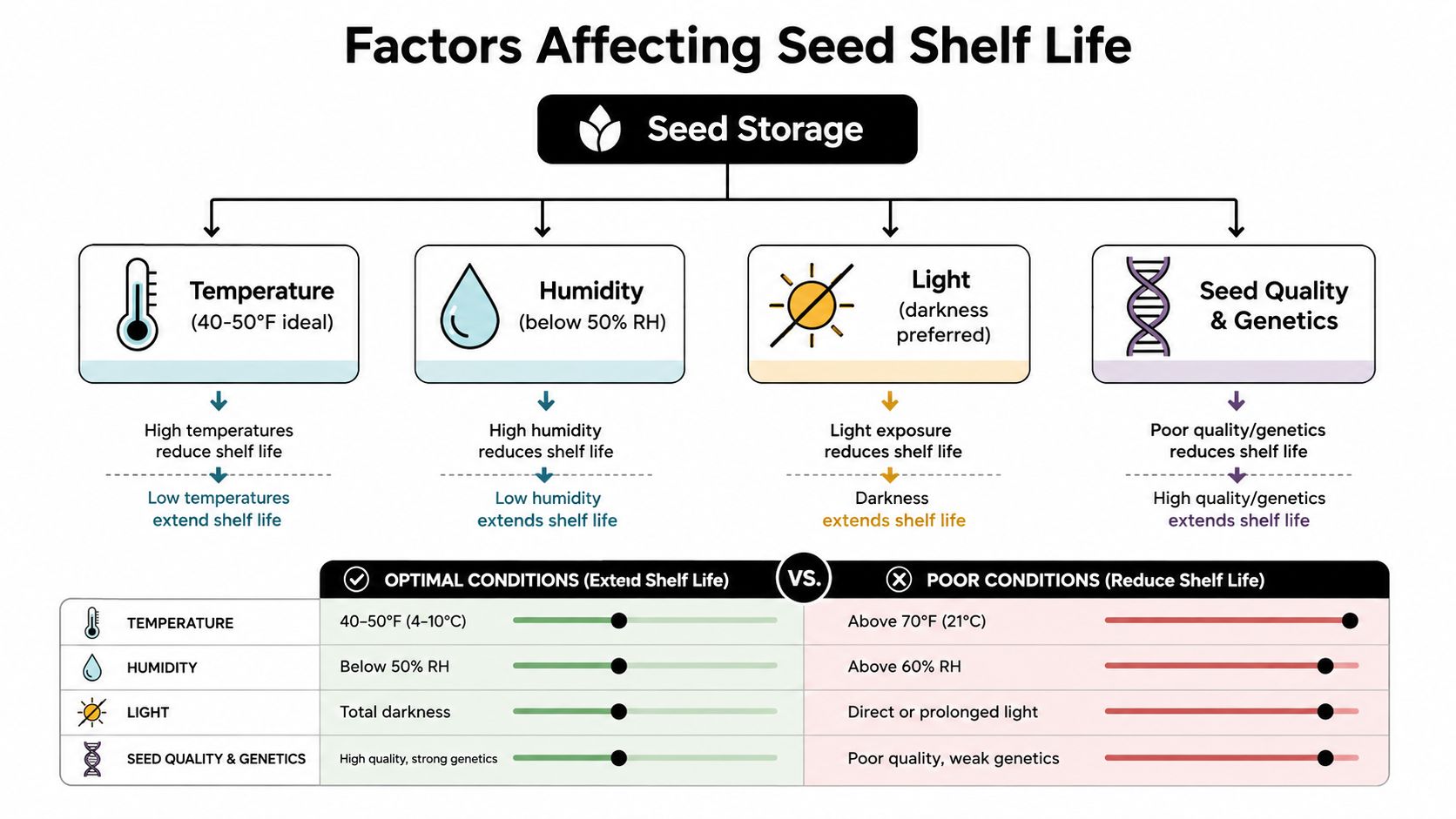A chart illustrating the key environmental factors like temperature, humidity, light, and genetics affecting seed shelf life.