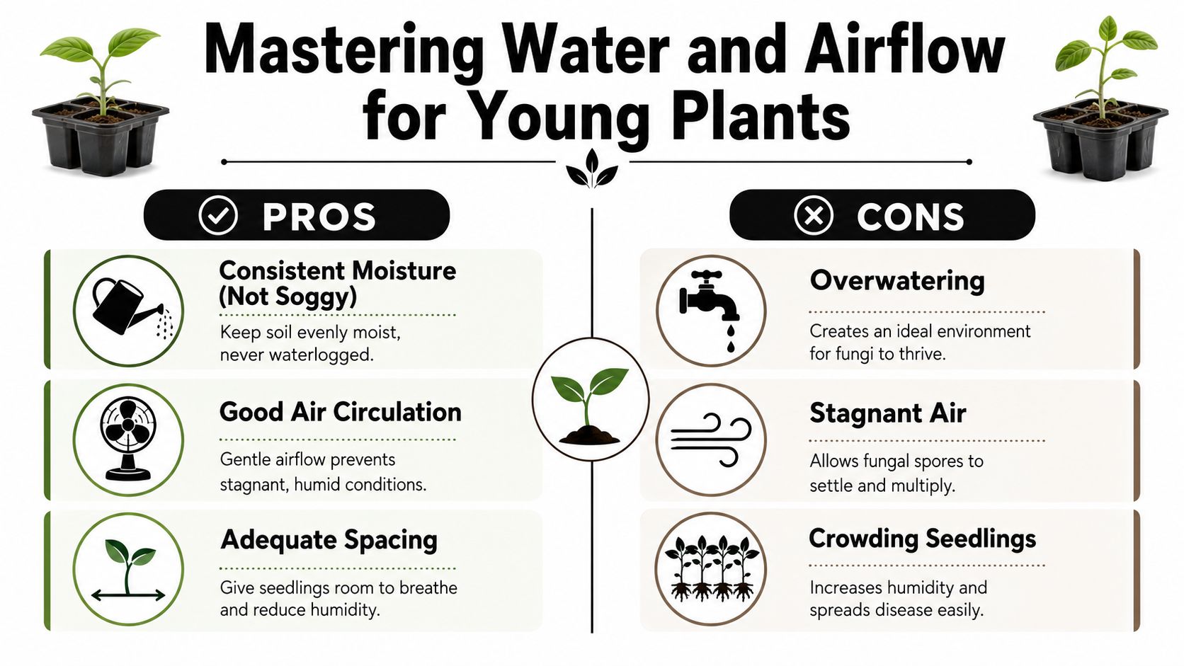 An infographic comparing the pros and cons of water and airflow management for healthy plant seedlings.