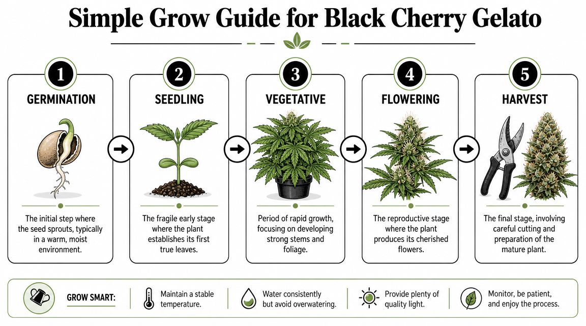A five-step infographic guide detailing the cannabis growth process from germination to harvest for Black Cherry Gelato.