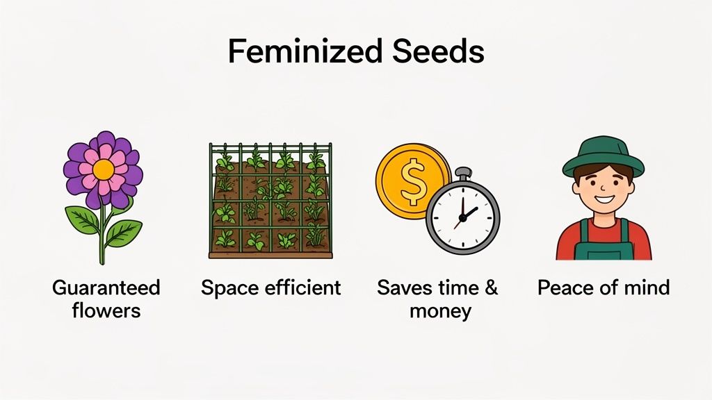 Illustrations highlighting the benefits of feminized seeds, including guaranteed flowers, space efficiency, time and money savings, and peace of mind.