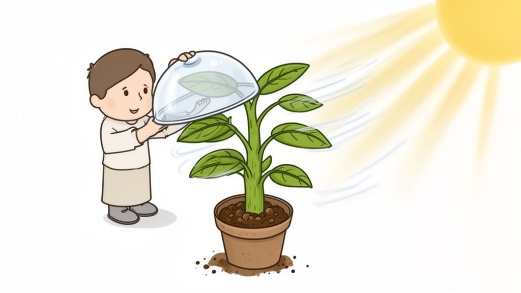 A child places a clear dome over a potted plant under the sun to create humidity.