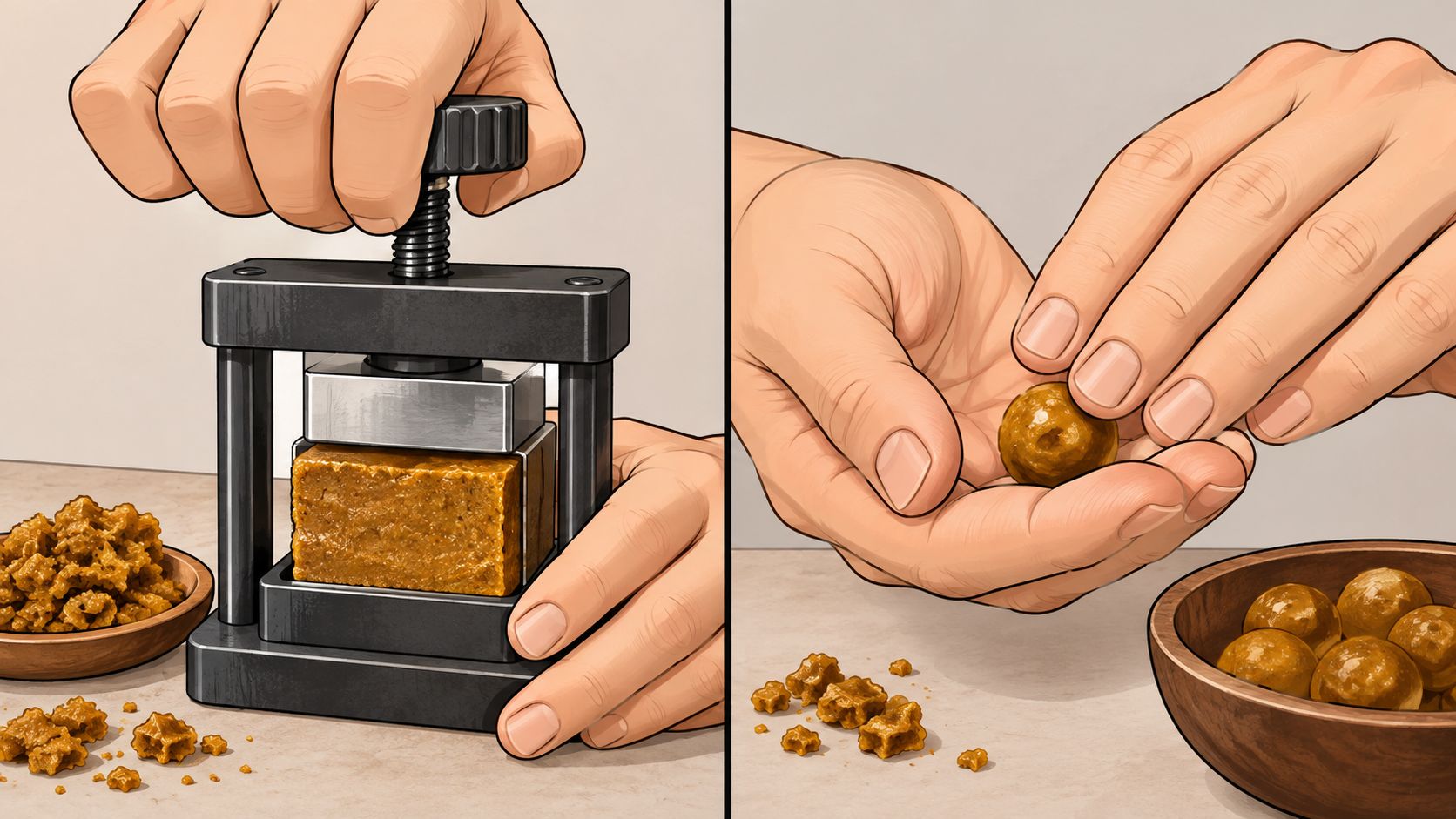 A dual-panel illustration showing the process of compressing herbal concentrate into cubes and shaping it into balls.