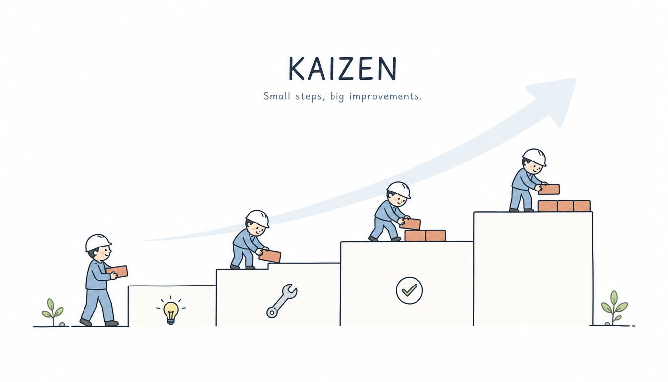 A cartoon illustration showing workers stacking bricks to represent the Kaizen method of small, continuous improvement steps.