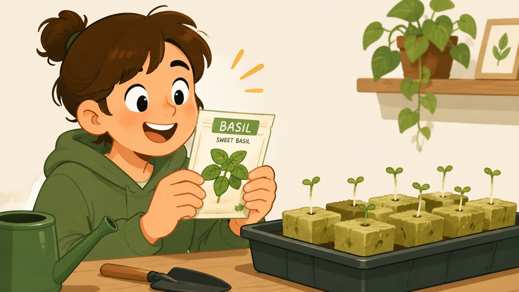 A girl holding a sweet basil seed packet next to a tray of seedlings in rockwool cubes.
