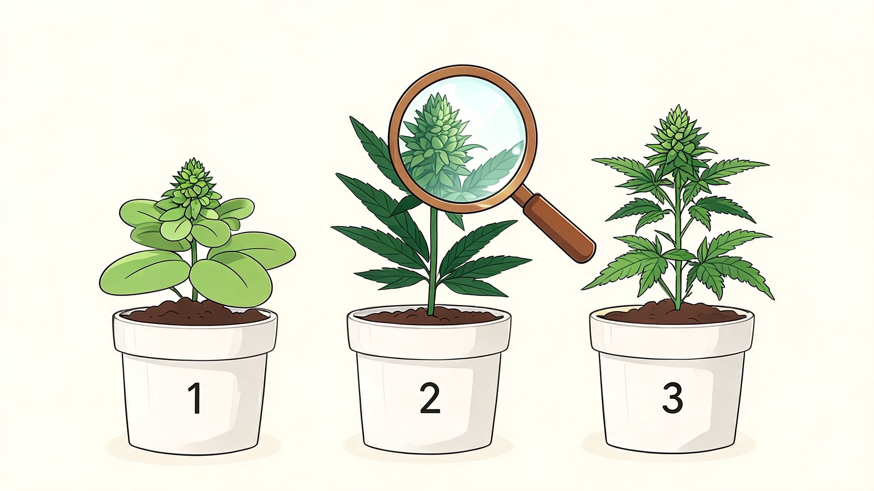 A diagram showing three potted plants at different stages of growth being inspected with a magnifying glass.