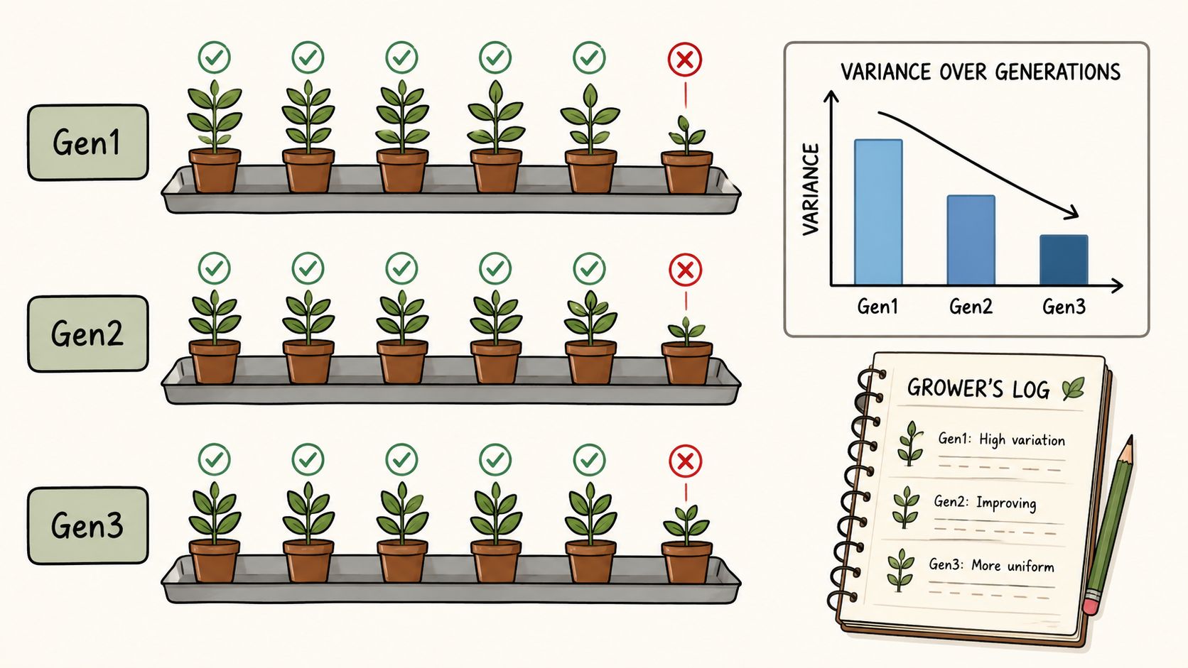 A diagram illustrating the decrease in plant growth variance over three generations through selective breeding and cultivation.