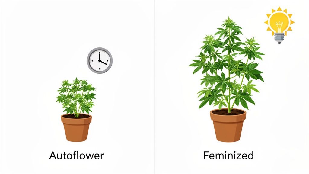 Two potted cannabis plants, one autoflower (time-triggered) and one feminized (light-triggered).