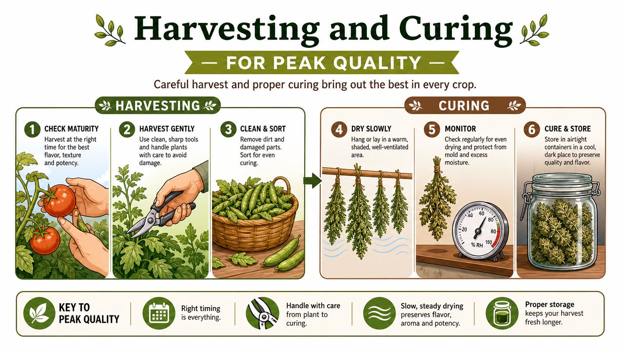 An infographic showing the step-by-step process of harvesting and curing plants for peak quality and preservation.