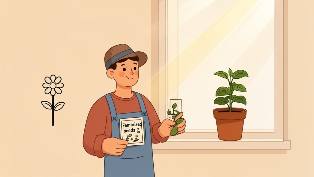 A smiling gardener holds feminized seeds and a sprout, planning to grow plants by a sunny window.