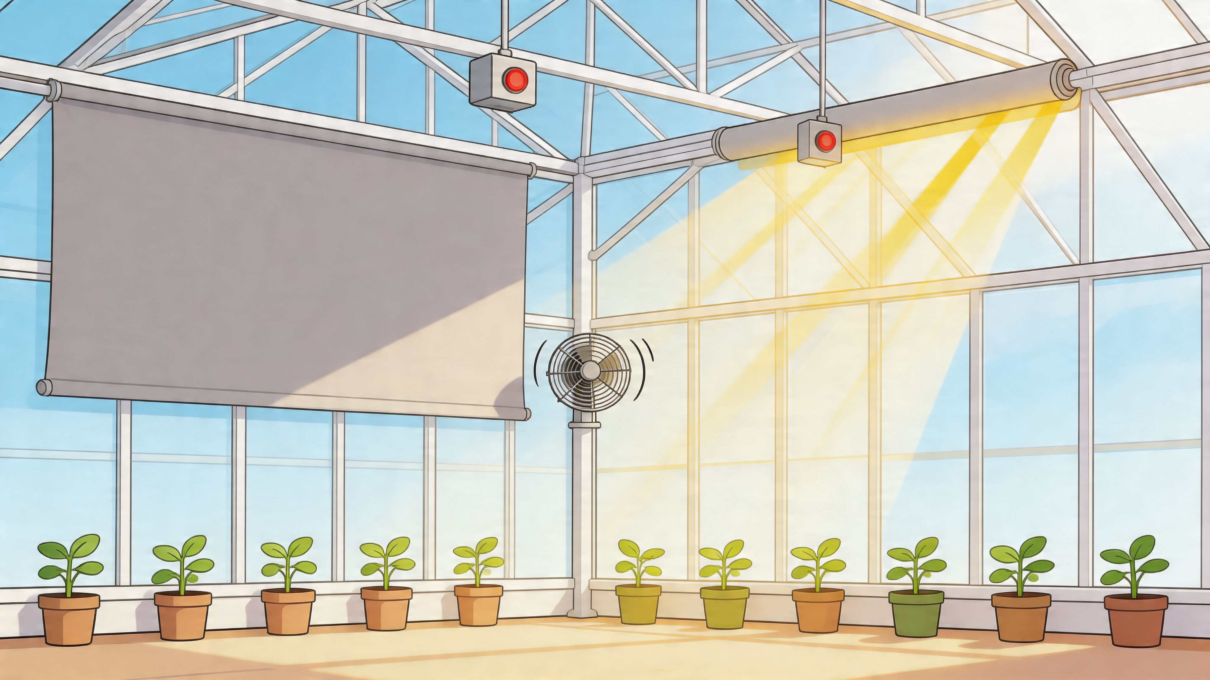A modern greenhouse with small plants in pots, hanging sunshades, and a ventilation fan inside.