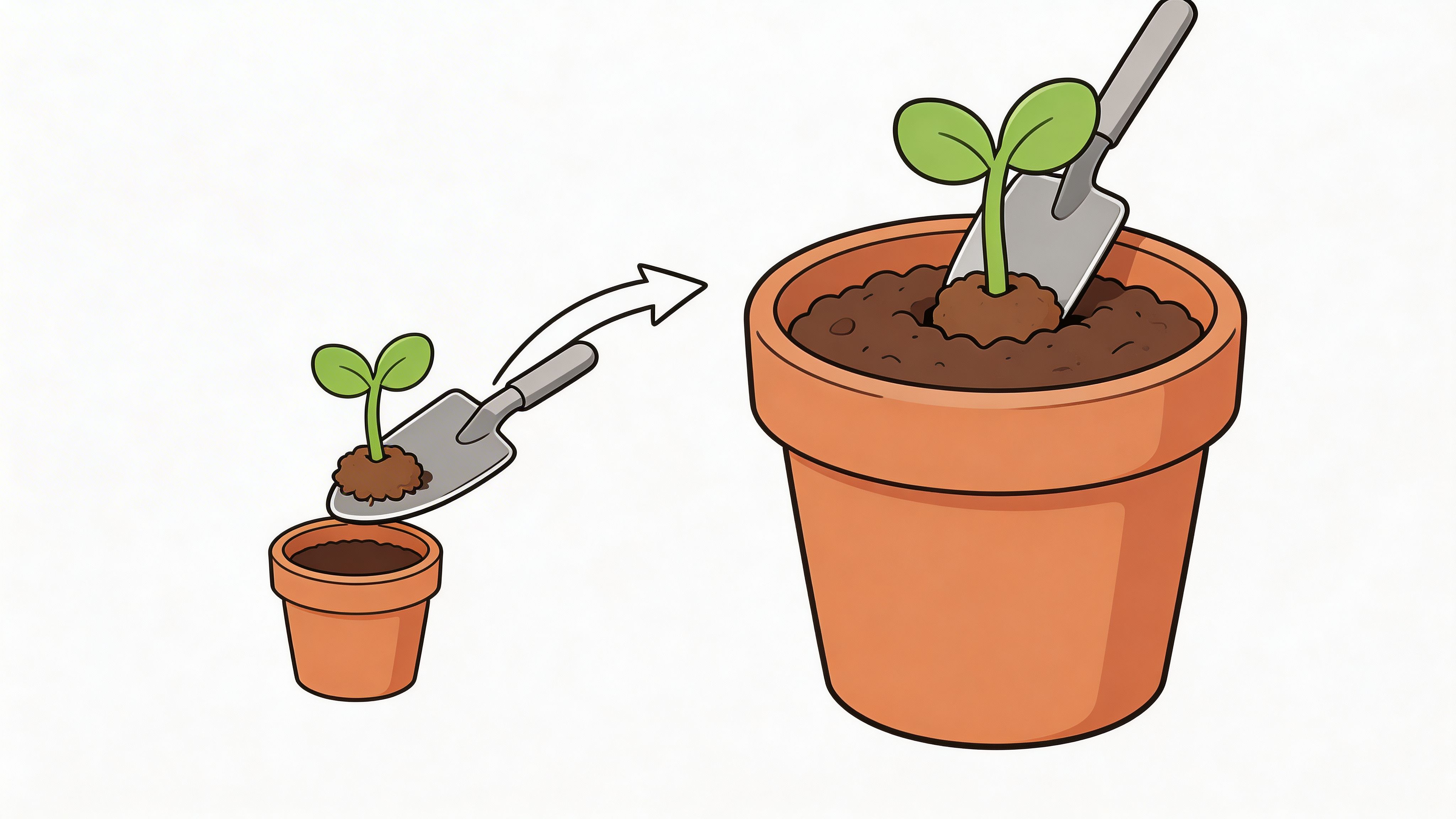 A cartoon illustration showing a seedling being transplanted from a small terracotta pot into a larger one.
