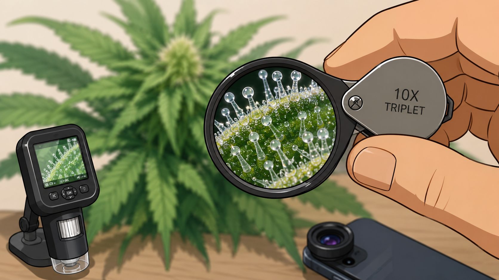 A hand holding a 10x triplet magnifying loupe to examine cannabis plant trichomes with digital microscope tools.