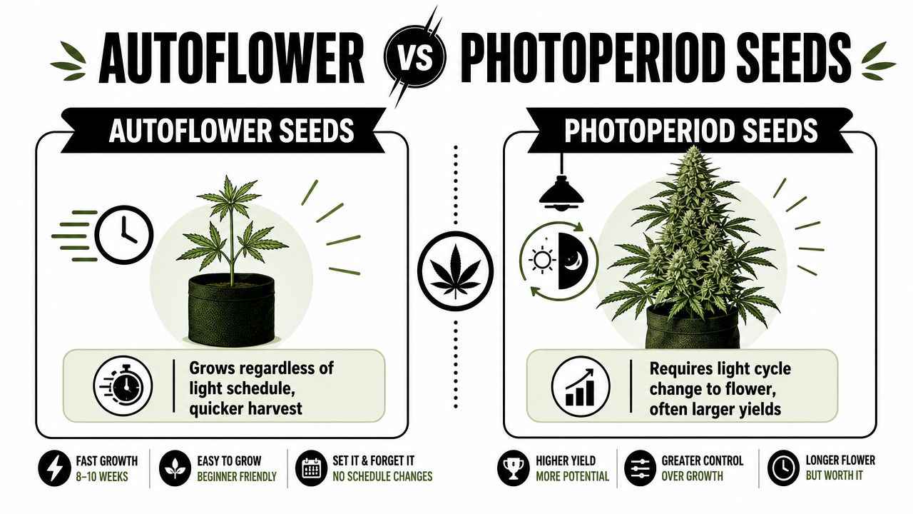 A comparison infographic between autoflower and photoperiod cannabis seeds showing growth differences and cultivation characteristics.