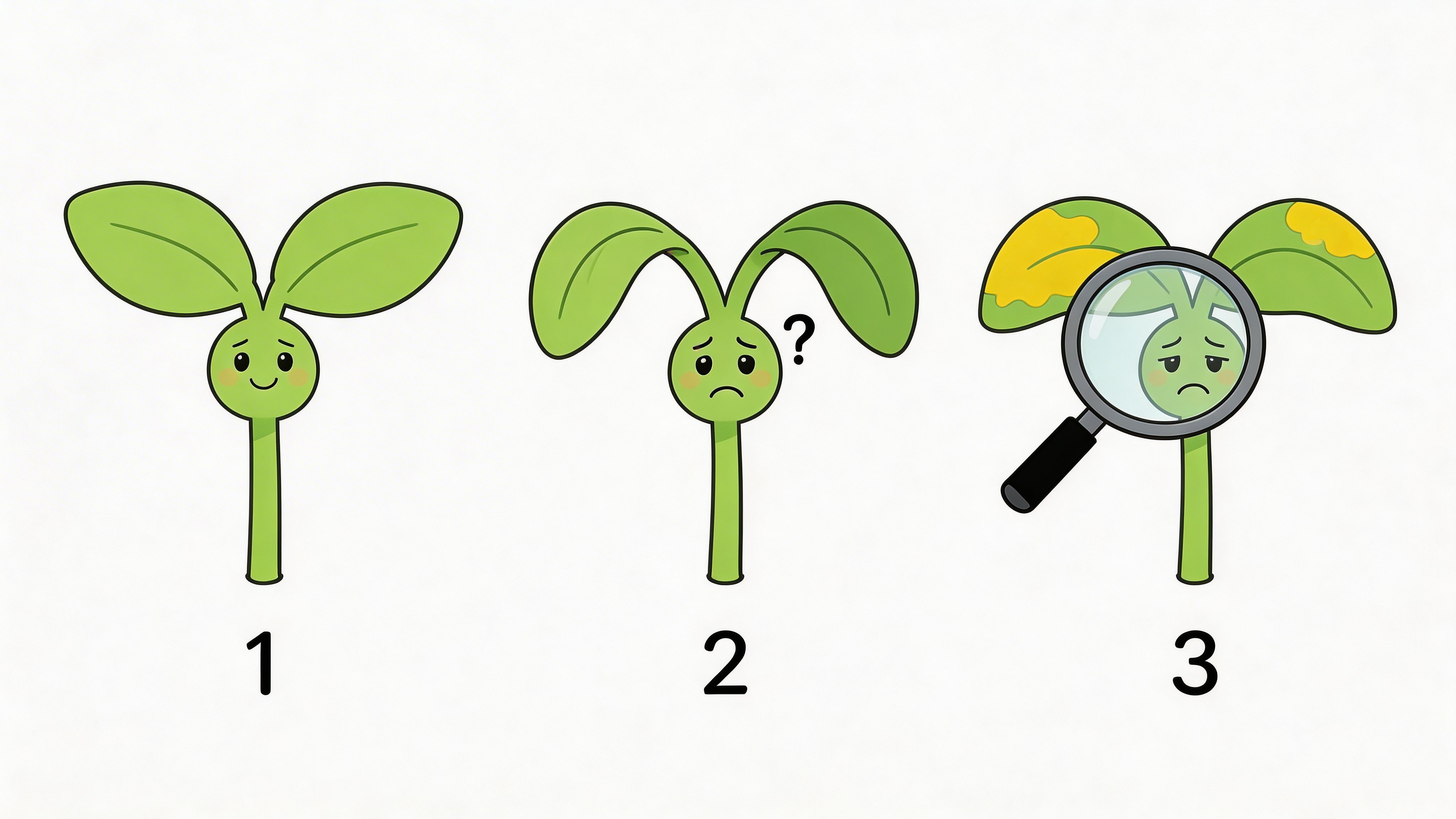 A cartoon illustration showing three seedling stages with healthy growth, wilting symptoms, and a magnifying glass examination.