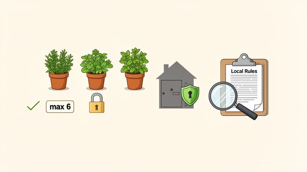 Illustration of plants, a 'max 6' limit, padlock, secure house, and 'Local Rules' document, symbolizing regulations.