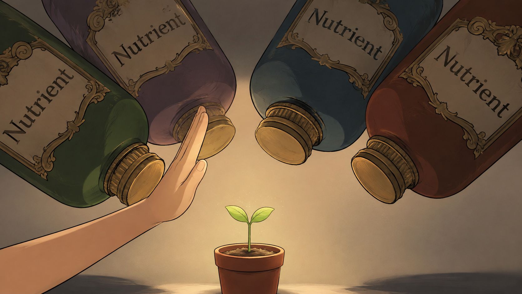 A hand protects a small green seedling from being flooded by multiple bottles of nutrient supplements.