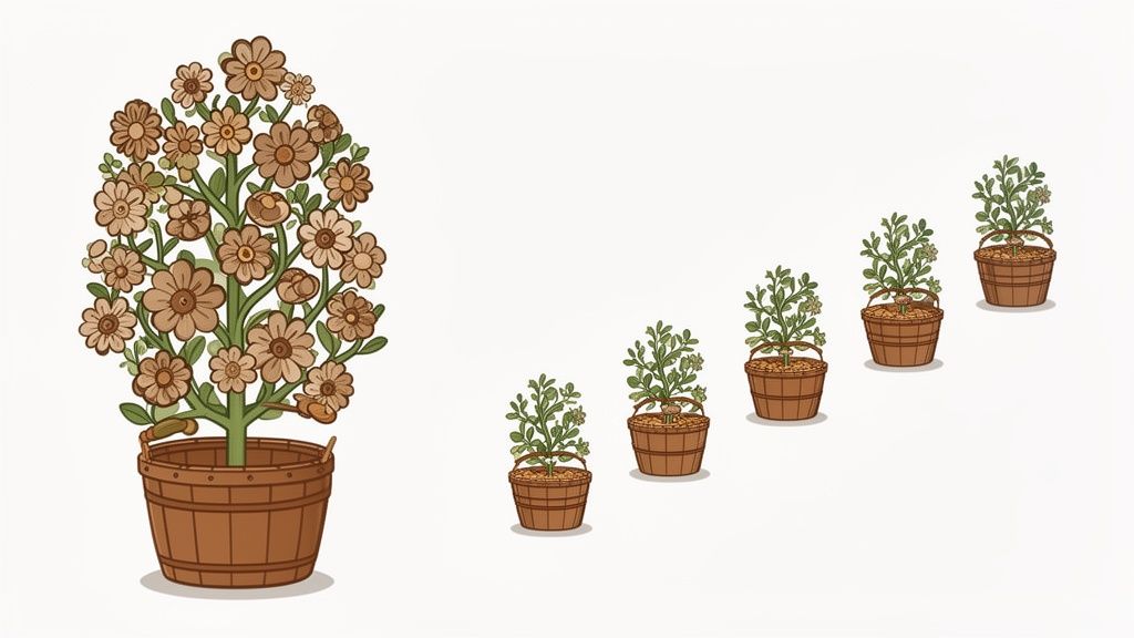 Illustration showing a large brown flowering plant and multiple smaller green growing plants in baskets.