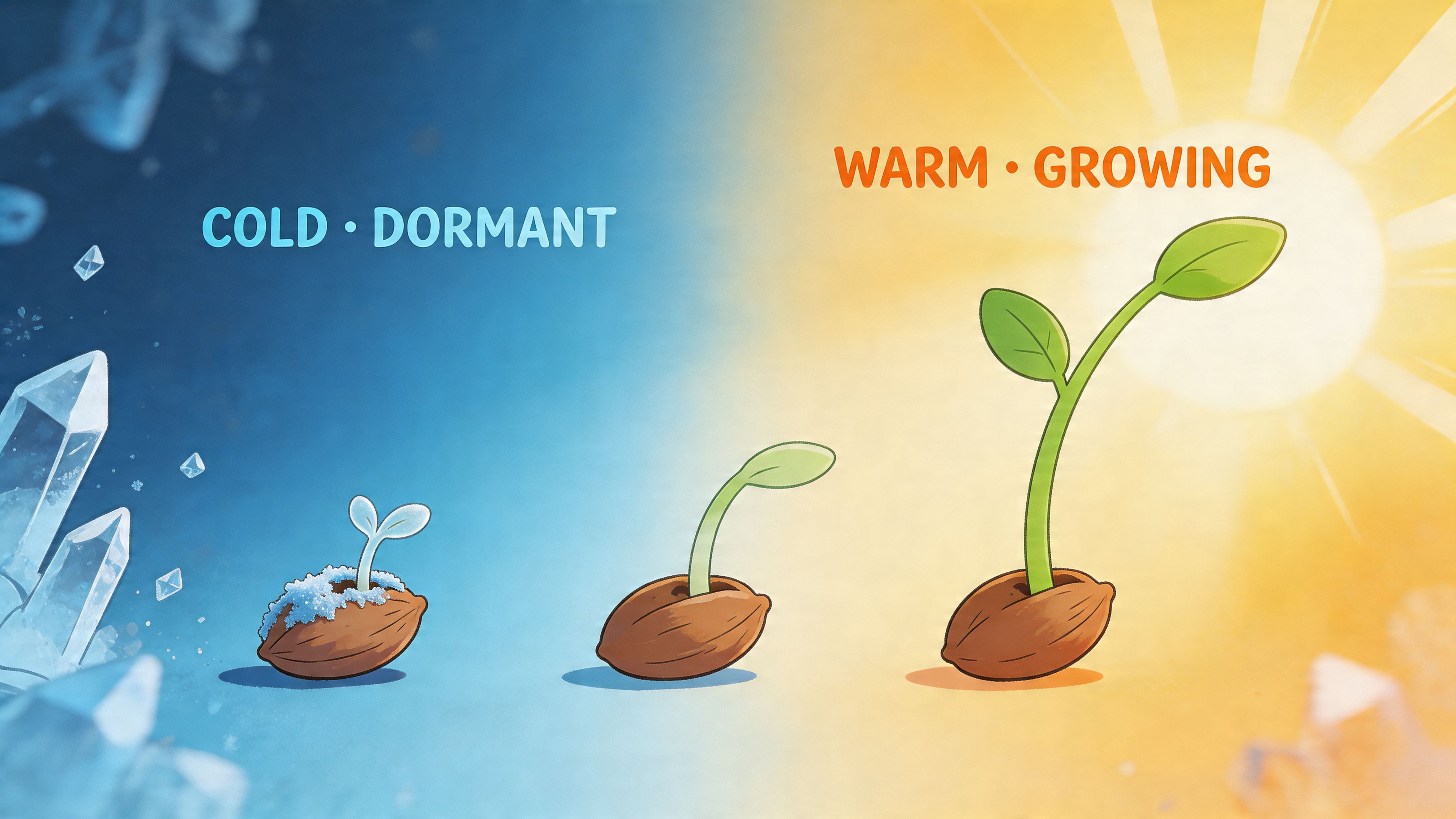 A diagram illustrating the transition of plant seeds from a cold, dormant state to a warm, growing phase.