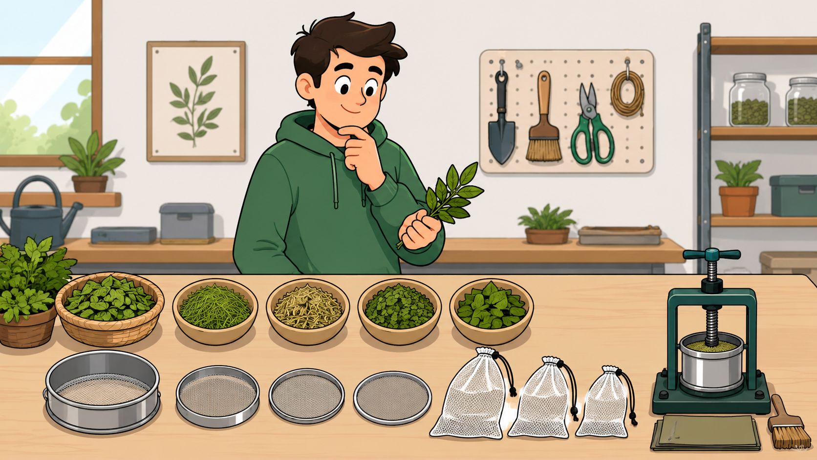 A cartoon illustration of a young man holding fresh herbs with preparation tools and bowls on a table.