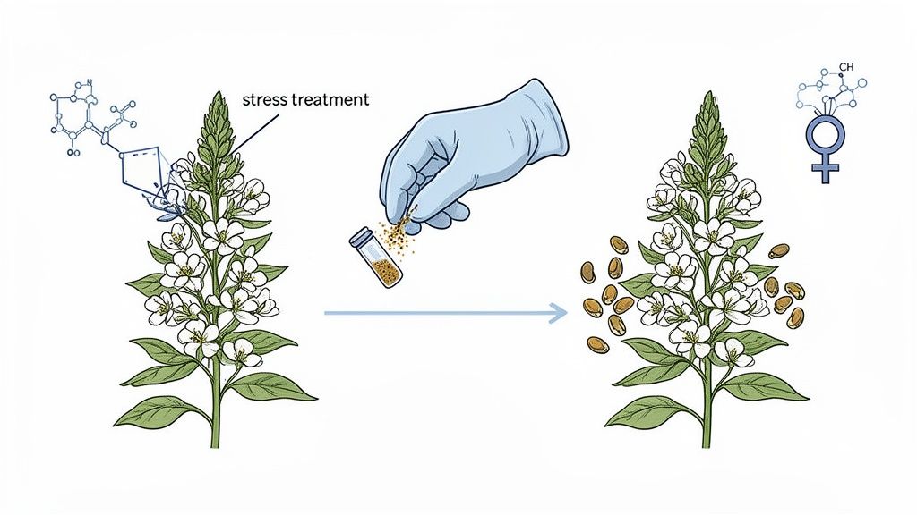 Illustration showing a flowering plant undergoing stress treatment to produce feminized seeds.